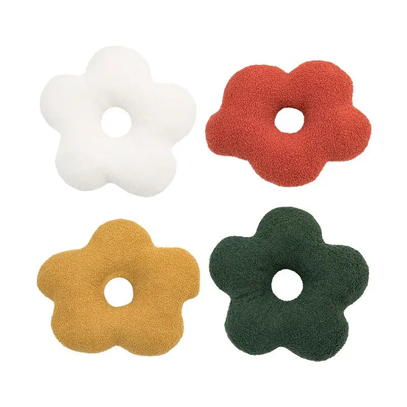 Set of 4 plush 3d flower decor nordic cushions in white coral red mustard yellow and forest green for living room