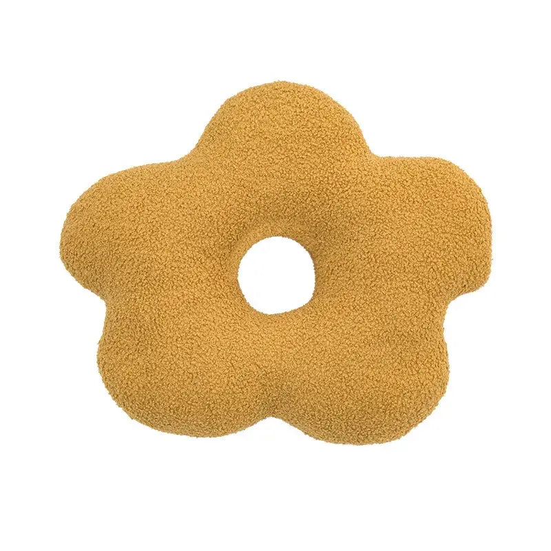 A plush mustard-yellow 3d flower decor nordic cushion with a soft textured surface and central hole for living room decor