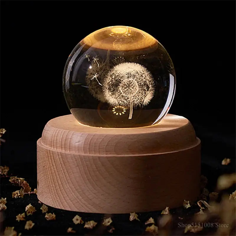 Glowing transparent crystal ball night light with detailed dandelion design on light wood base for bedroom decorbites crystal ball