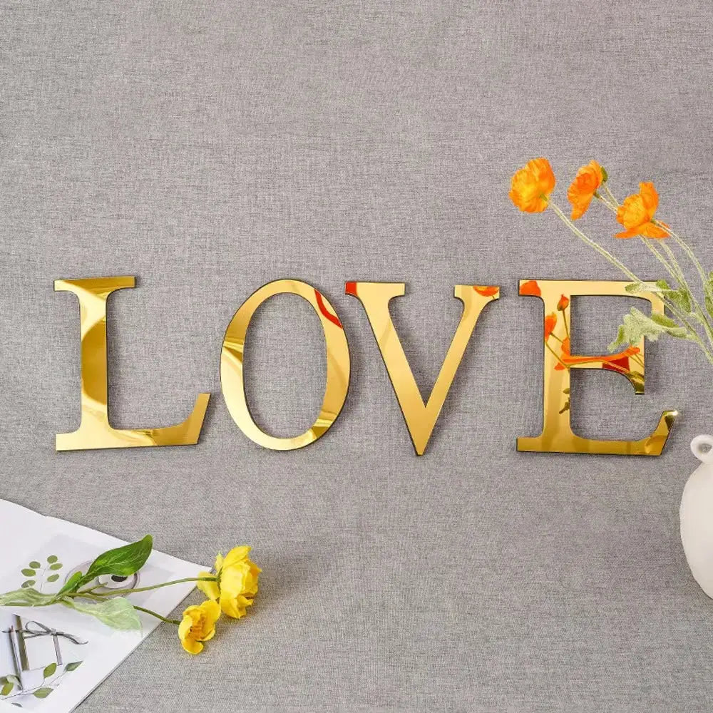 Gold-colored 3d mirror letters wall stickers spelling love for living room decor by decorbites 20cm gold