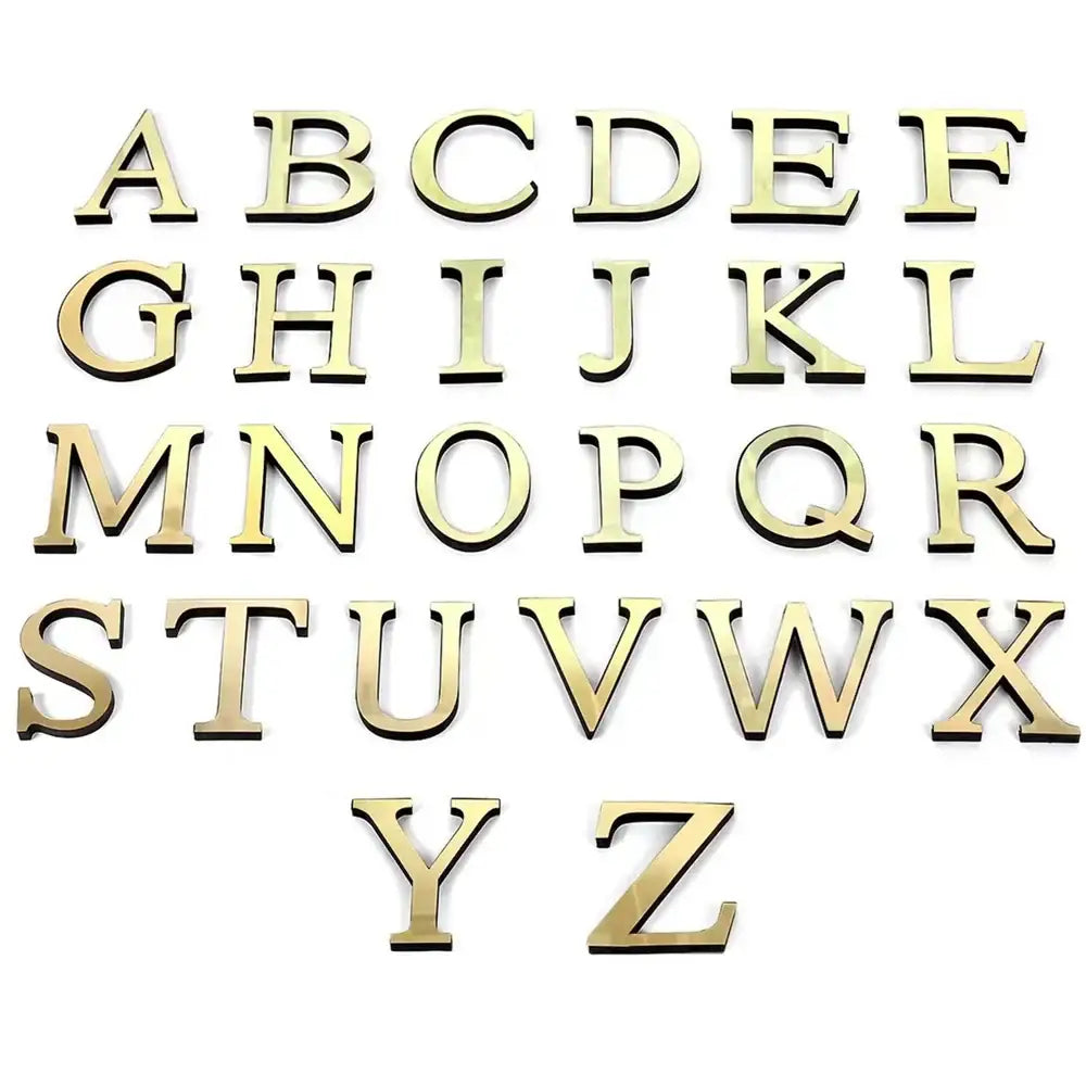 Gold-colored 3d mirror letters wall stickers by decorbites 20cm for elegant living room decor