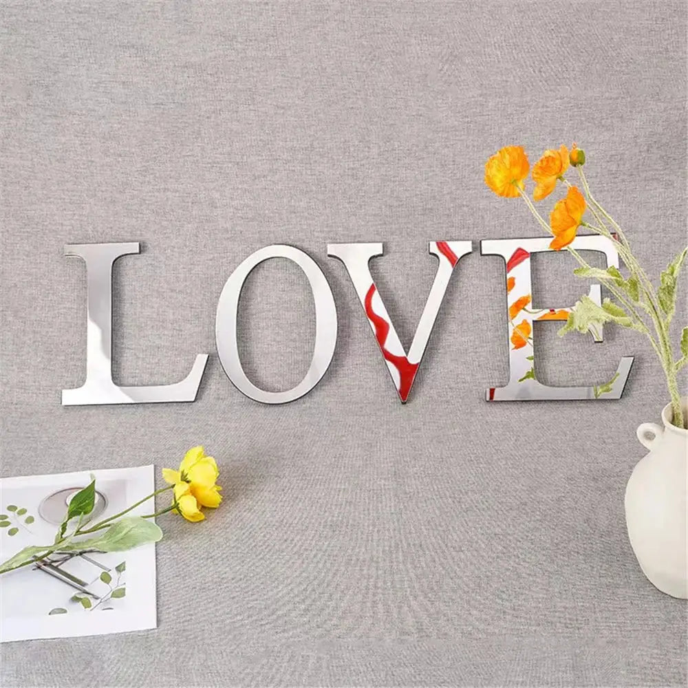 Silver mirrored love wall stickers with red white striped v letter for decorbites 20cm gold and silver mirror letters living room decor
