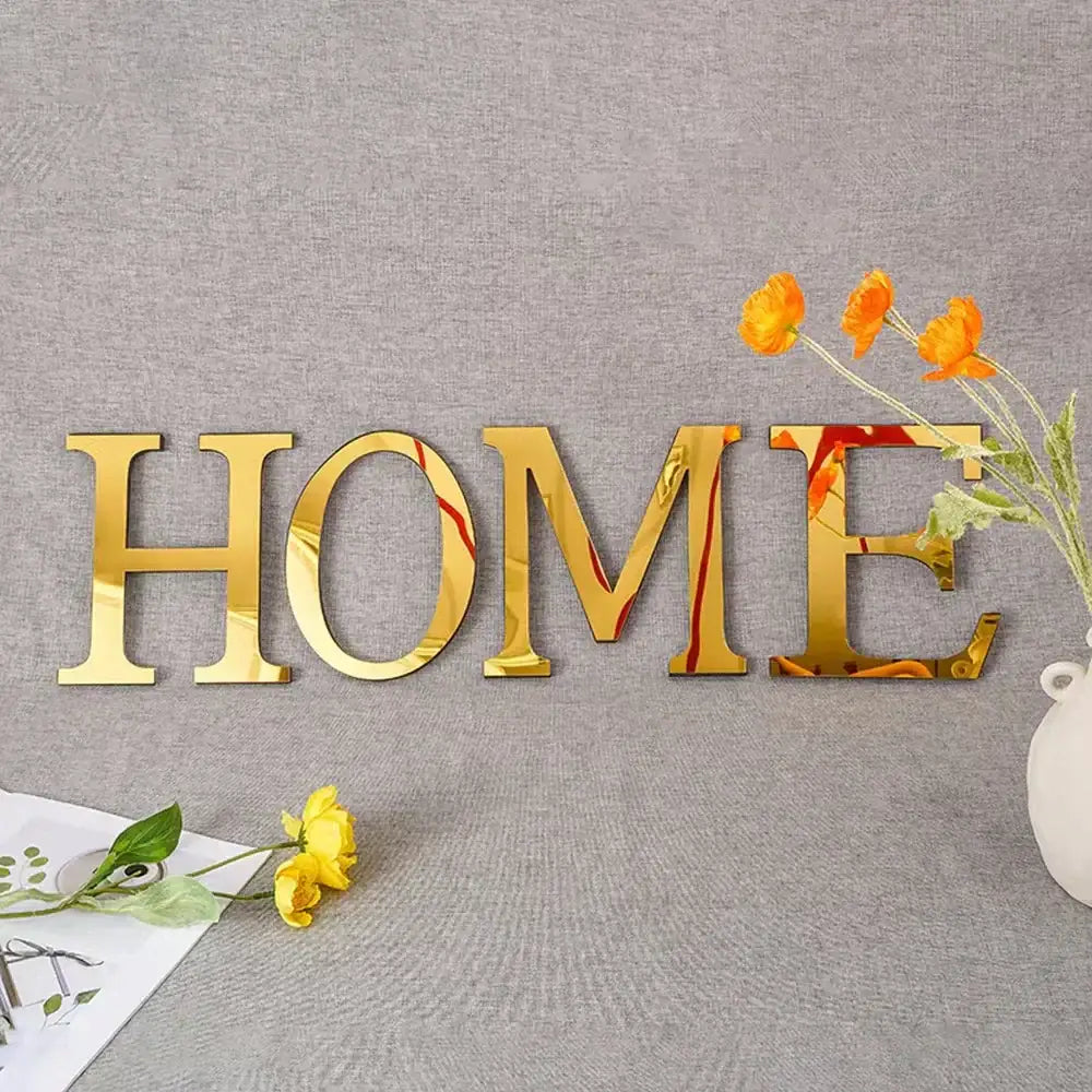 Gold mirrored 3d mirror letters wall stickers spelling home with sleek reflective finish decorbites 20cm gold decor