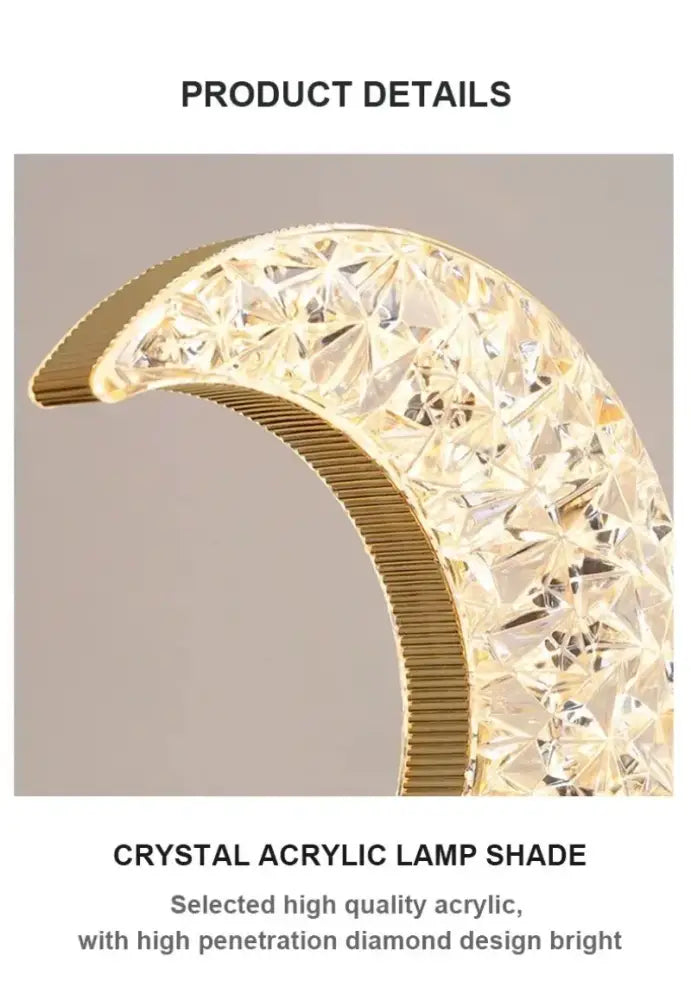 Decorbites bedroom crystal touch dimming night light with crescent-shaped diamond-cut acrylic shade and gold frame