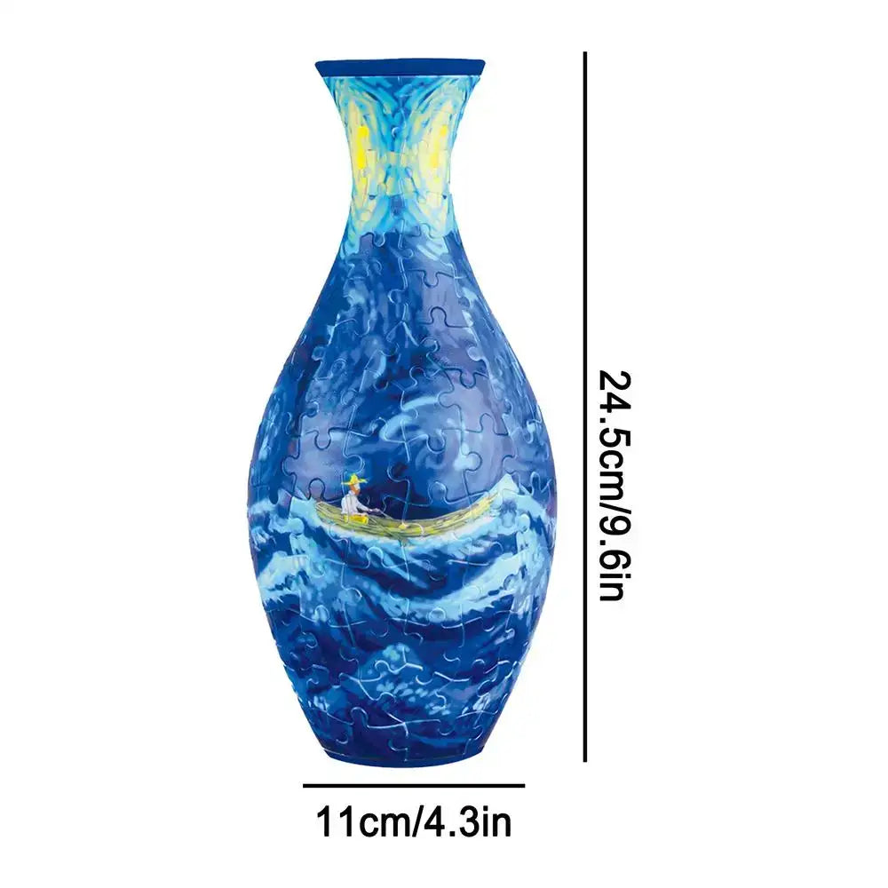 A 24.5cm tall blue curved puzzle vase featuring van Gogh starry night design in a 3D puzzle vase building set