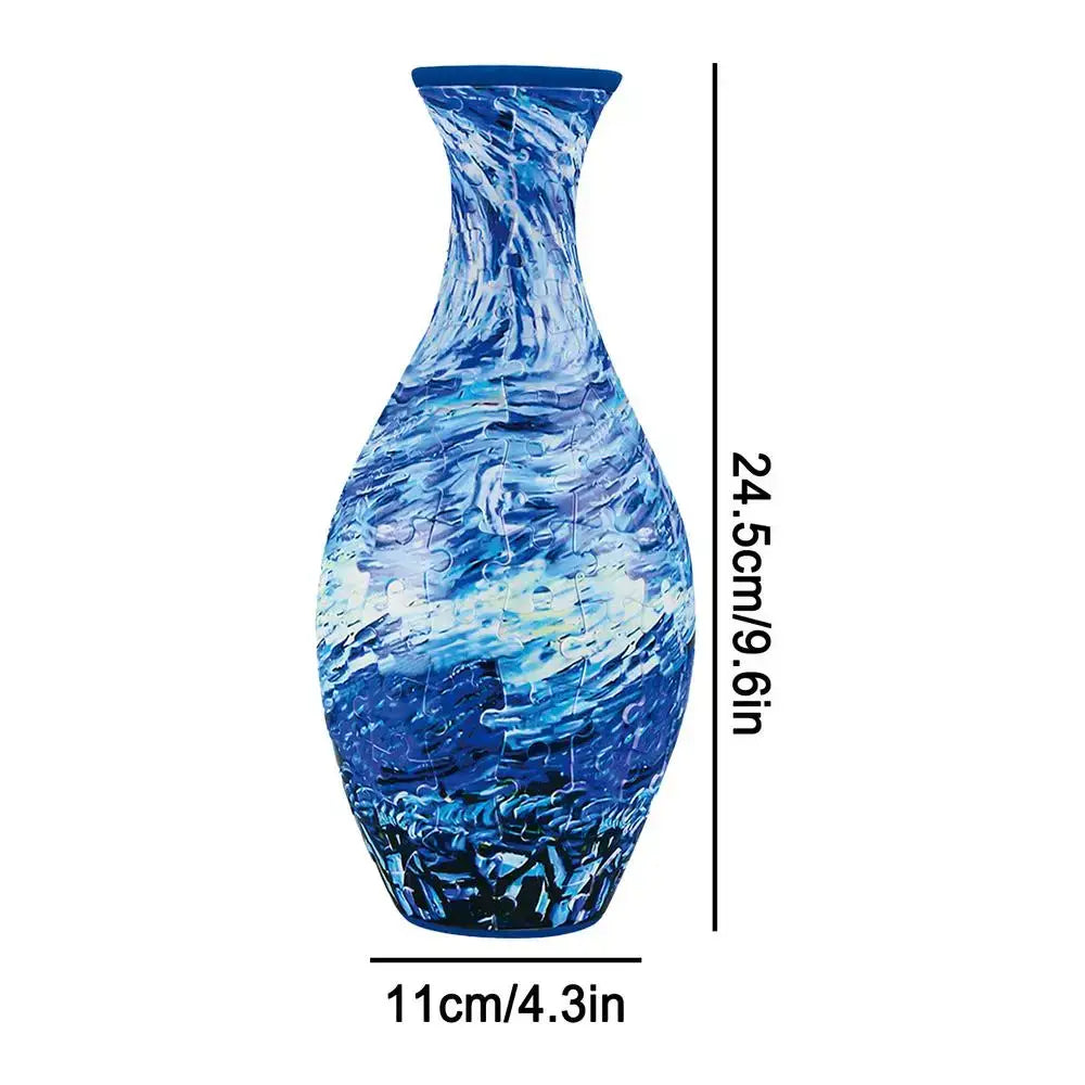A 24.5cm tall blue and white swirling glossy puzzle vase from a 3d puzzle building set resembling an abstract ocean scene