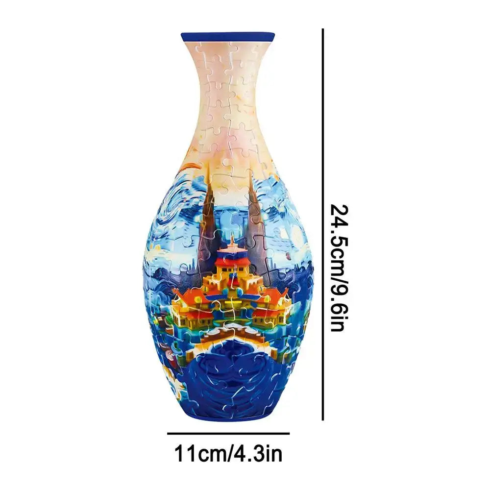 A 24.5cm tall puzzle vase building set with vibrant blues and golds featuring a curved puzzle landscape design