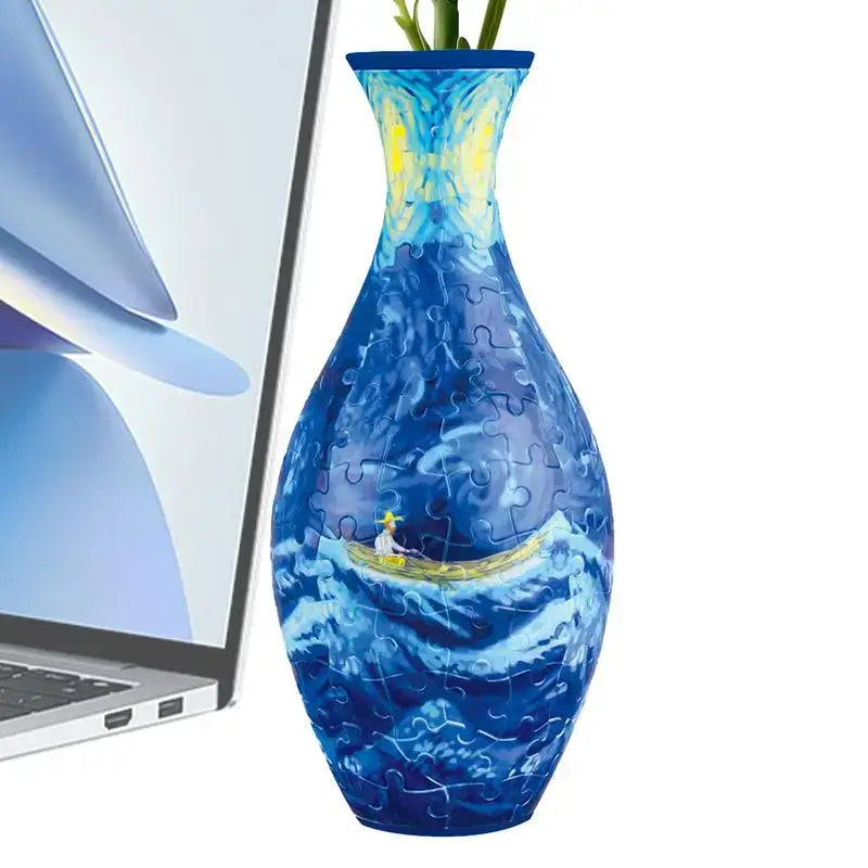 Blue curved puzzle vase building set featuring a swirling ocean scene with a small boat inspired by van Gogh starry night