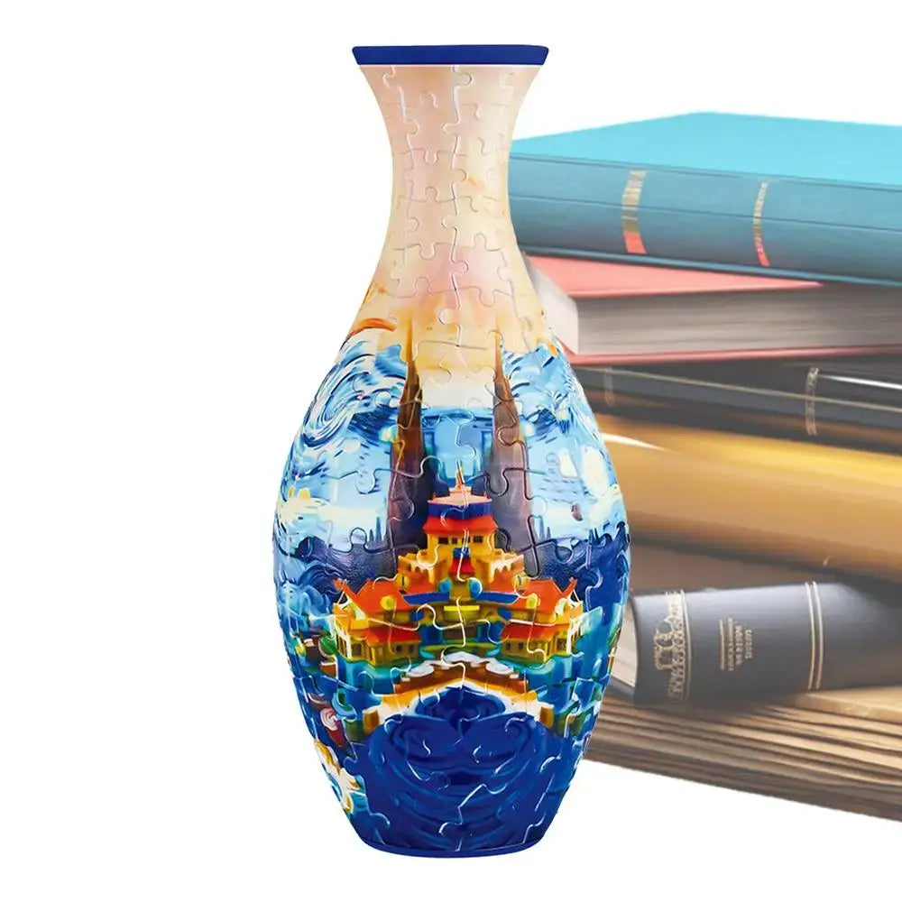 A vibrant 3D puzzle vase building set with intricate curved puzzle design featuring traditional architecture and blue waves
