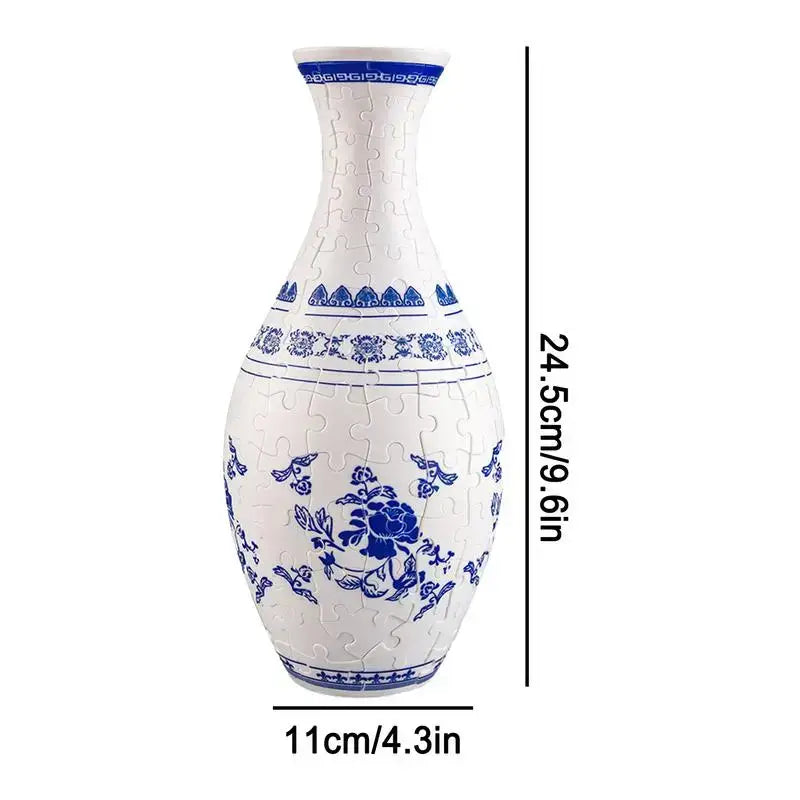 A white and blue curved puzzle vase 3d puzzle building set assembled into a classic chinese porcelain design