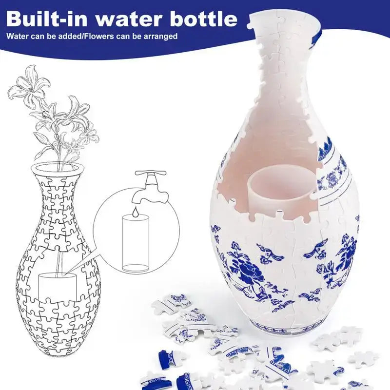 White and blue curved puzzle vase building set with a built-in water bottle compartment for flowers or candles