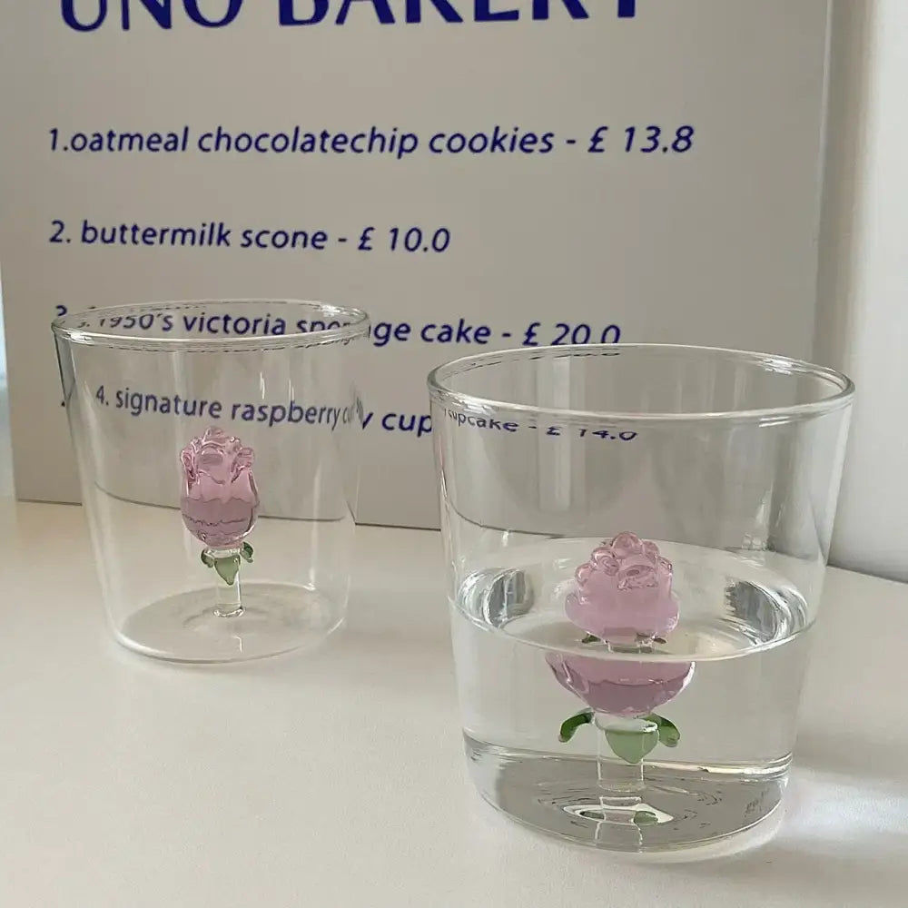 Clear glass breakfast cup with delicate pink and green decorbites 3d rose floral design for kitchen use