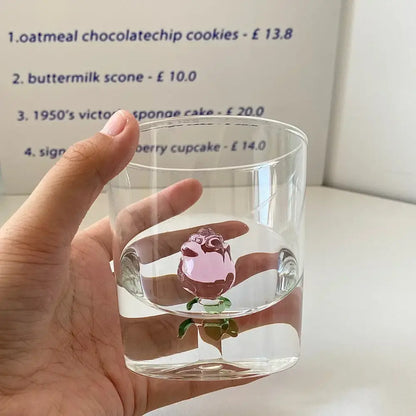Clear glass breakfast cup with pink rose and green stem design featuring decorbites 3d rose floral mug