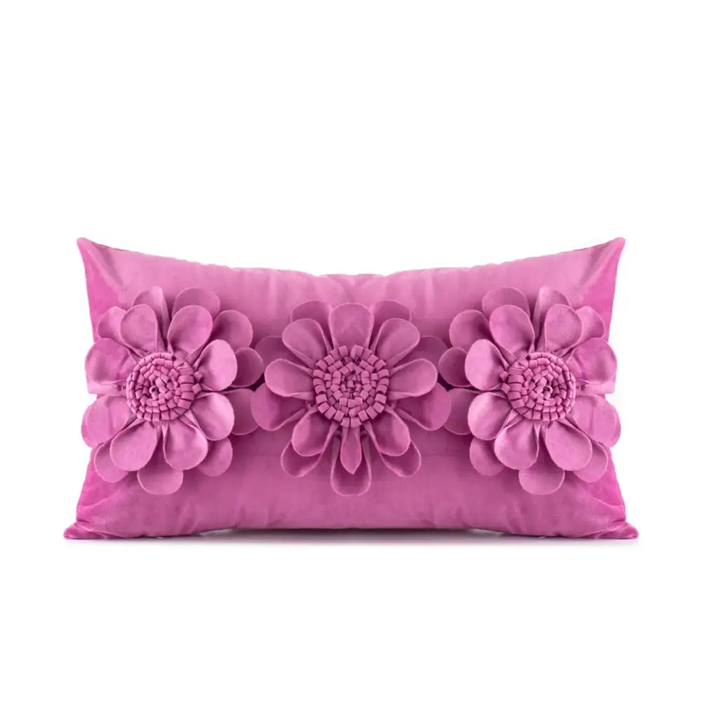 A vibrant fuchsia velvet flower pillow with three 3d embroidered flowers for decorbites 3d velvet pillow covers