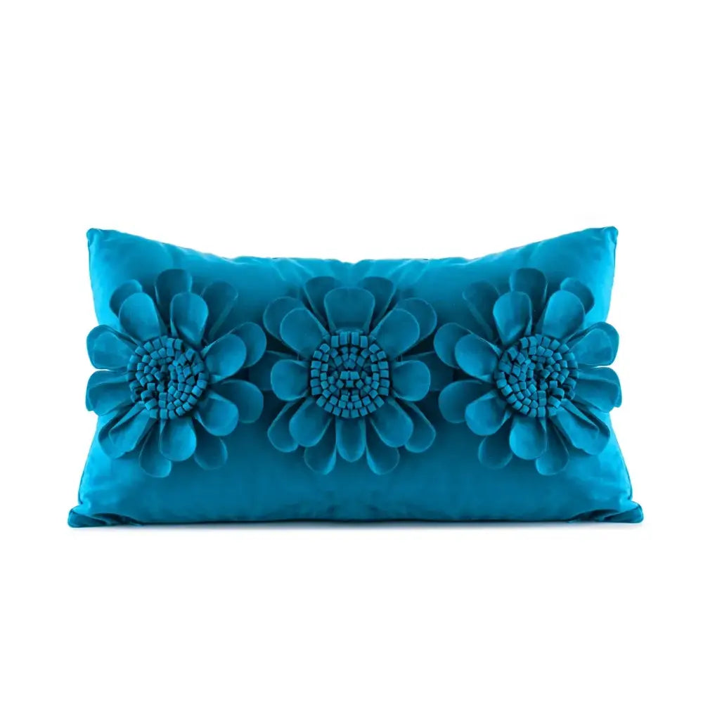 Vibrant teal velvet flower pillow cover with 3d fabric flowers and beaded centers for decorbites 3d velvet decorbites pillow covers
