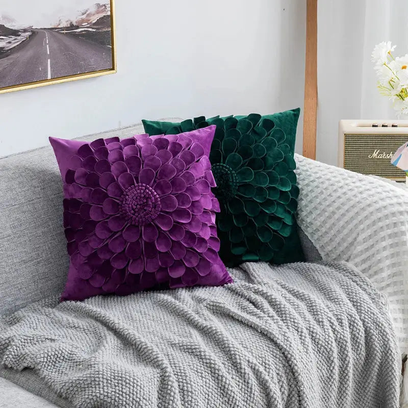 Purple and emerald green velvet flower pillow covers with layered petal design from decorbites 3d velvet collection