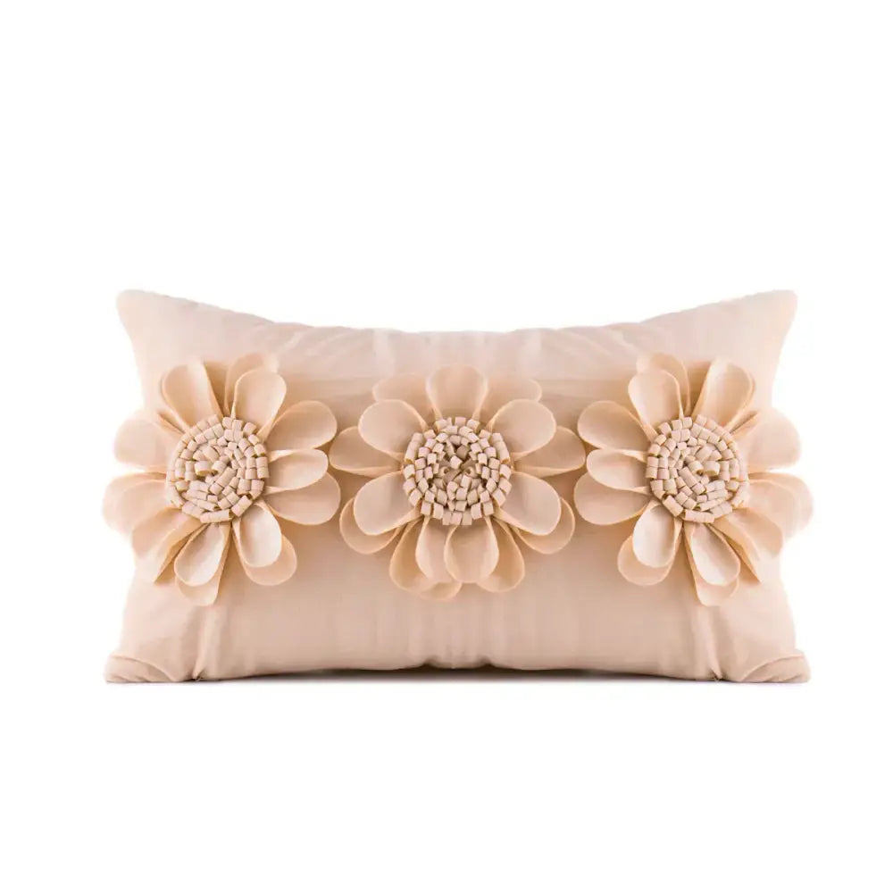 Beige velvet flower pillow cover with three 3d woven floral appliqués ideal for living room decorbites pillow covers