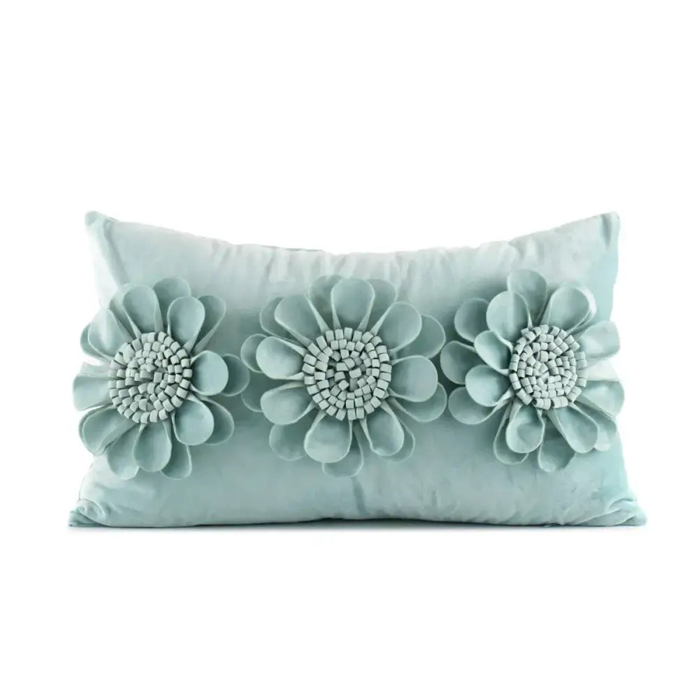 Light blue velvet flower pillow cover with 3d fabric flowers and woven centers for decorbites 3d velvet pillow covers