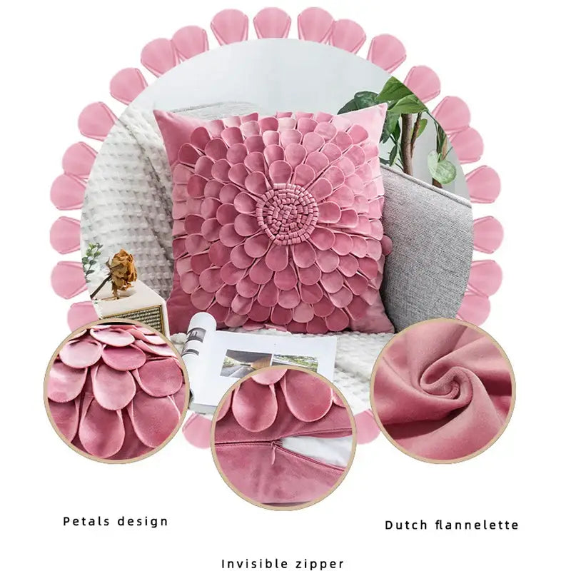 Pink floral pillow cover with textured petal design made from dutch flannelette for decorbites 3d velvet flower pillow