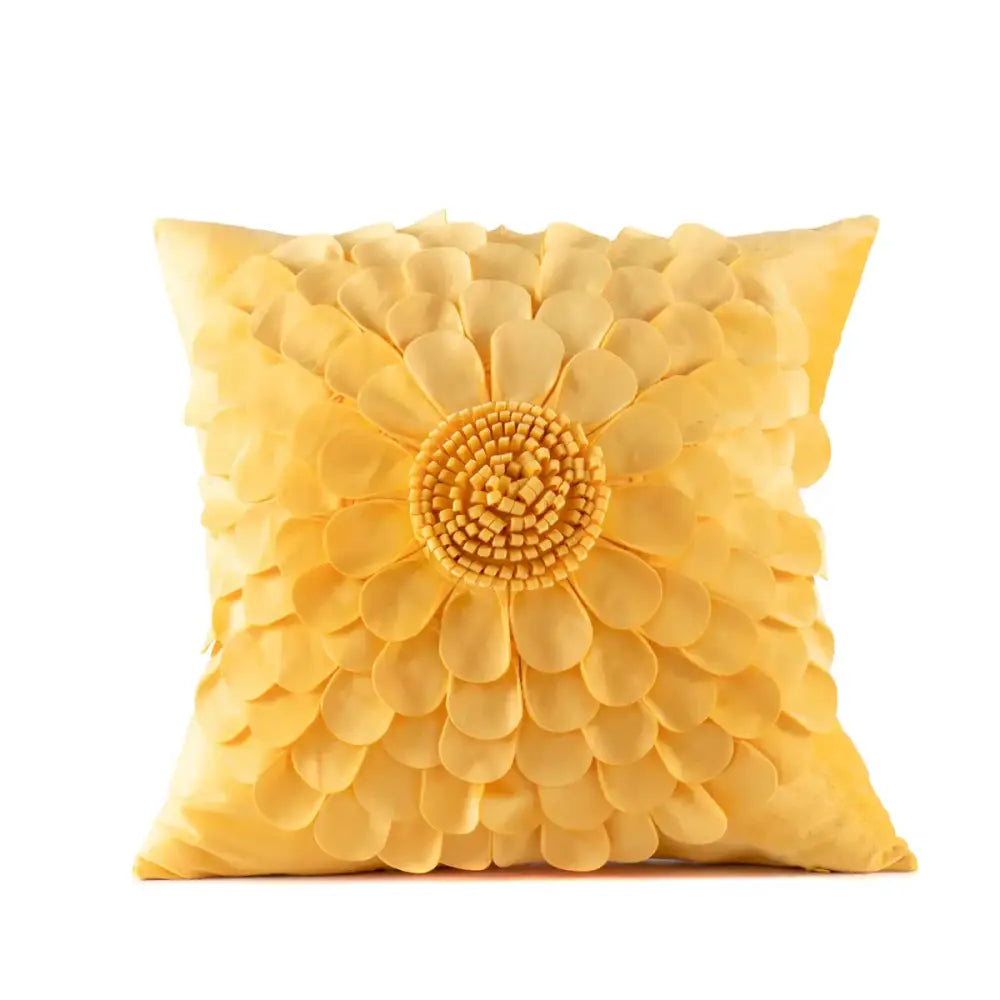 A plush square yellow velvet flower pillow cover featuring a 3d layered flower design for beige living room decorbites decor