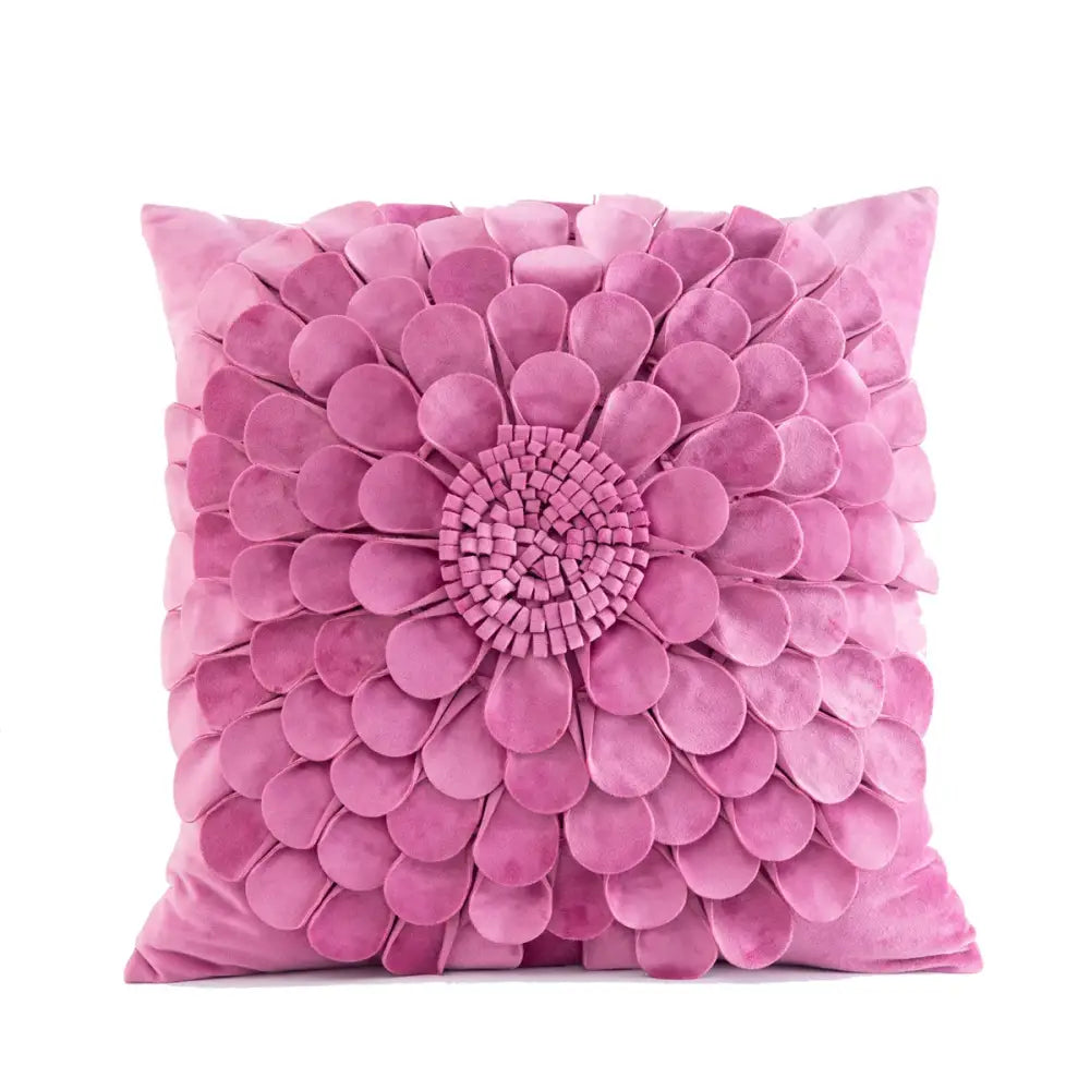 A plush pink velvet flower pillow with 3d floral design featuring layered petals by decorbites 3d velvet pillow covers