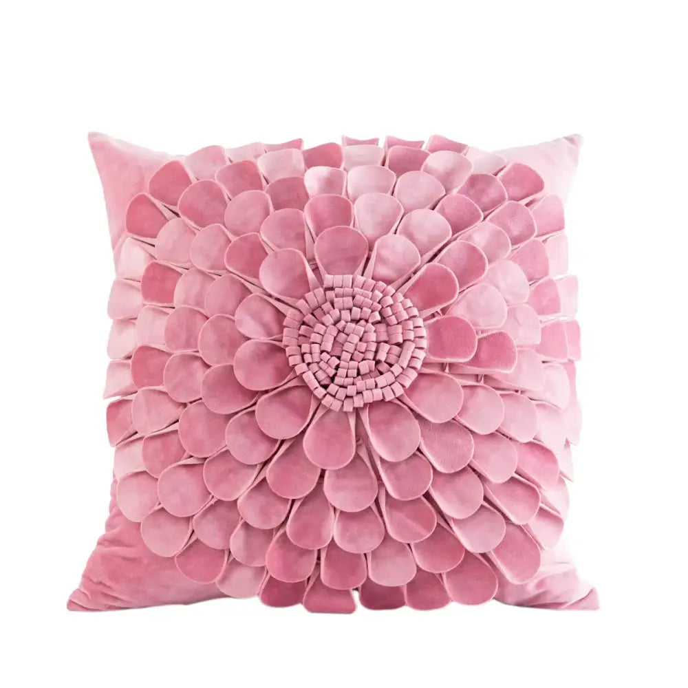 A plush pink velvet flower pillow cover with 3d layered petals from decorbites 3d velvet pillow collection