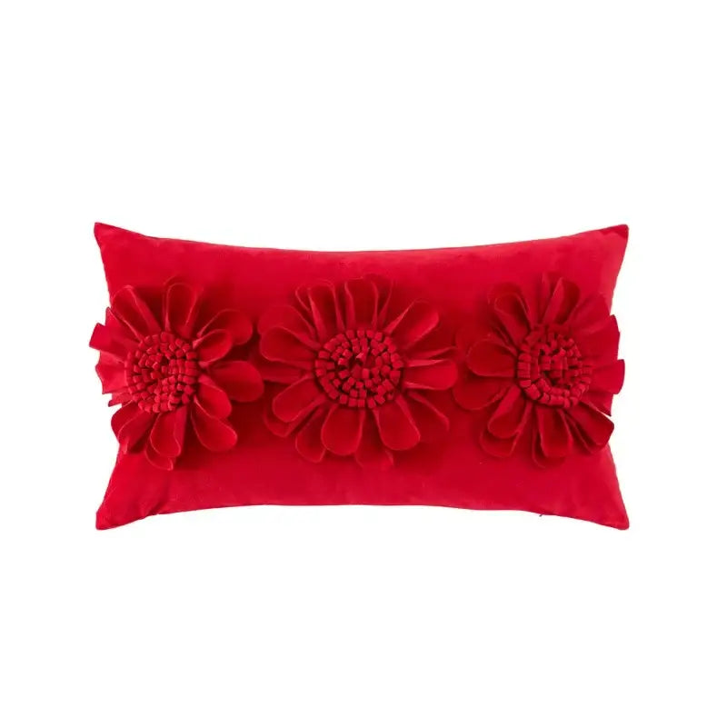 Red velvet rectangular velvet flower pillow with 3d fabric flowers for yellow and beige living room decorbites pillow covers