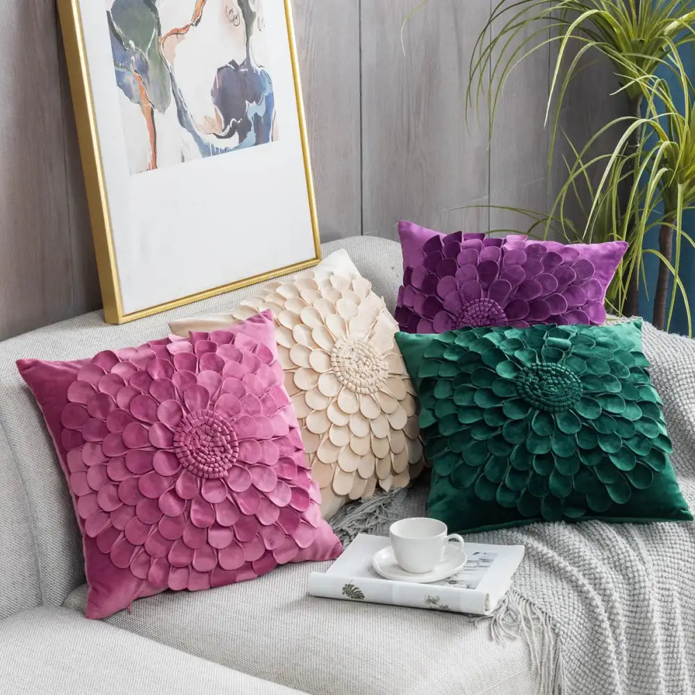 Set of four decorbites 3d velvet flower pillow covers in vibrant pink cream and emerald green with textured floral design