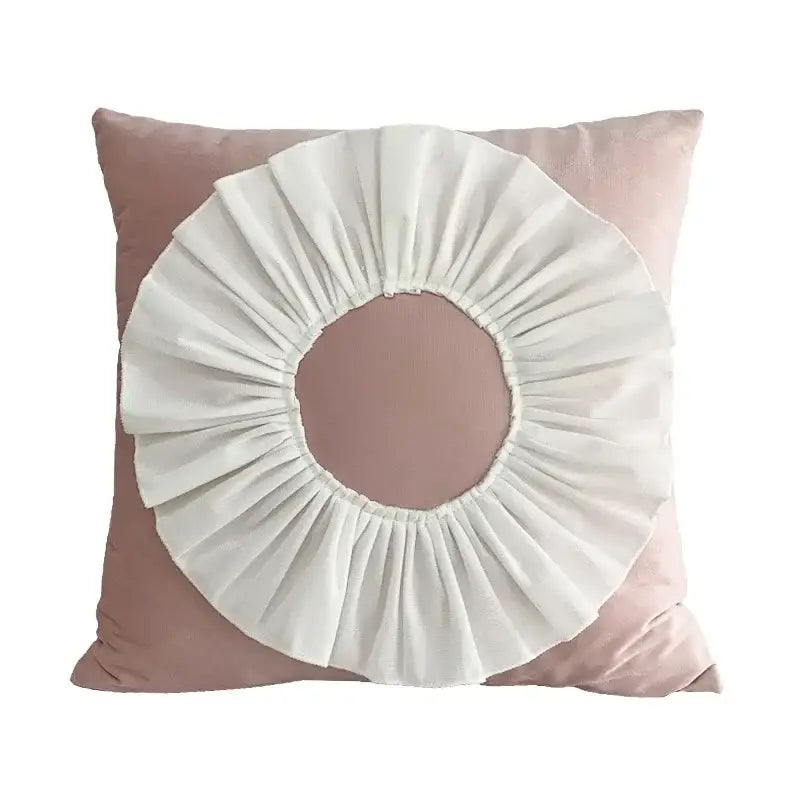 A soft blush pink velvet flower pillow cover with a circular ruffled white fabric overlay from decorbites 3d velvet pillow covers