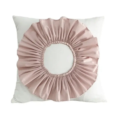 A soft blush pink velvet flower pillow cover with circular pleated design from decorbites 3d velvet pillow covers collection