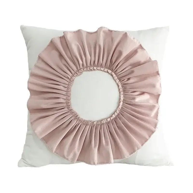 A soft blush pink velvet flower pillow cover with circular pleated design from decorbites 3d velvet pillow covers collection