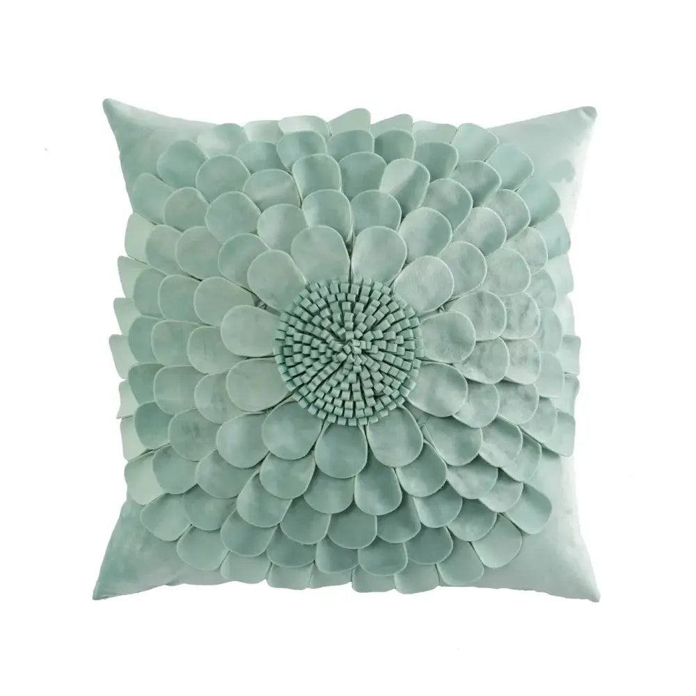 A soft mint green velvet flower pillow with 3d layered petals and textured center for decorbites 3d velvet pillow covers