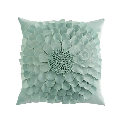 A soft mint green velvet flower pillow with 3d layered petals and textured center for decorbites 3d velvet pillow covers