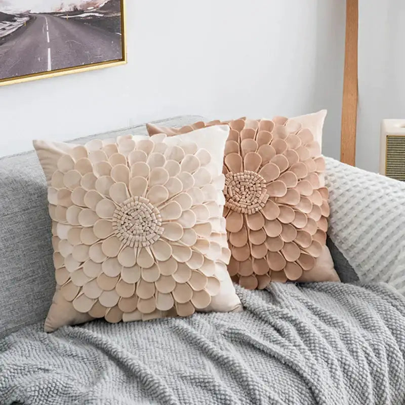 Beige and tan floral pillow covers with layered petals made of velvet for decorbites 3d velvet flower pillow decor