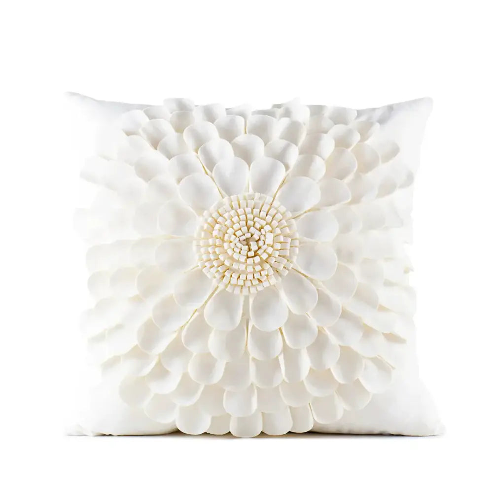 White velvet flower pillow cover with layered ruffled petals and beaded center for beige decorbites 3d velvet pillow covers