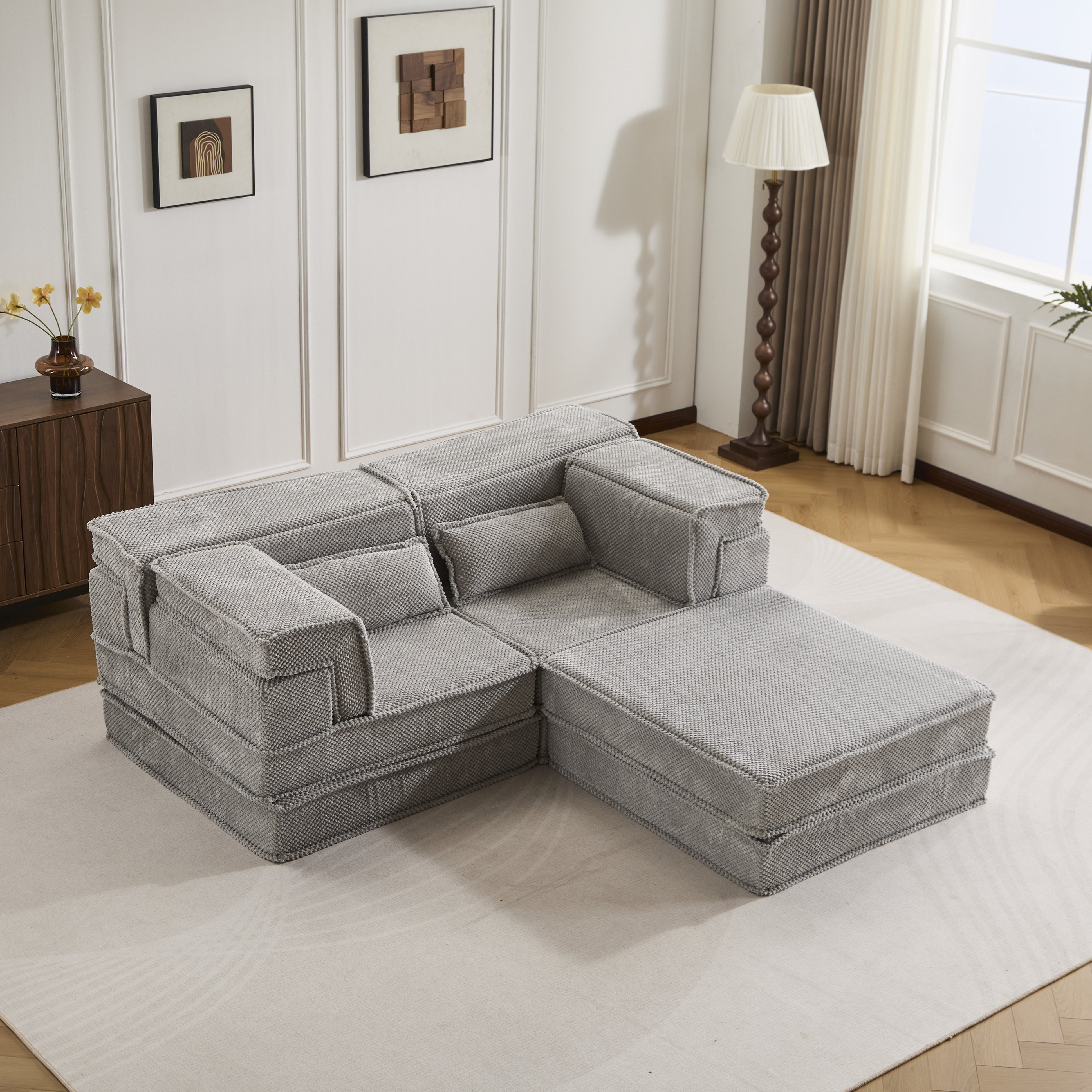 Sofá Mahjong de Compresión, Sofá Cama Convertible para el Suelo, Sofá Seccional Modular sin Huesos DIY, Sin Ensamblaje Requerido, Tejido de Felpa Circular, Dos Plazas Sobredimensionado con 1 Otomana, Gris Claro