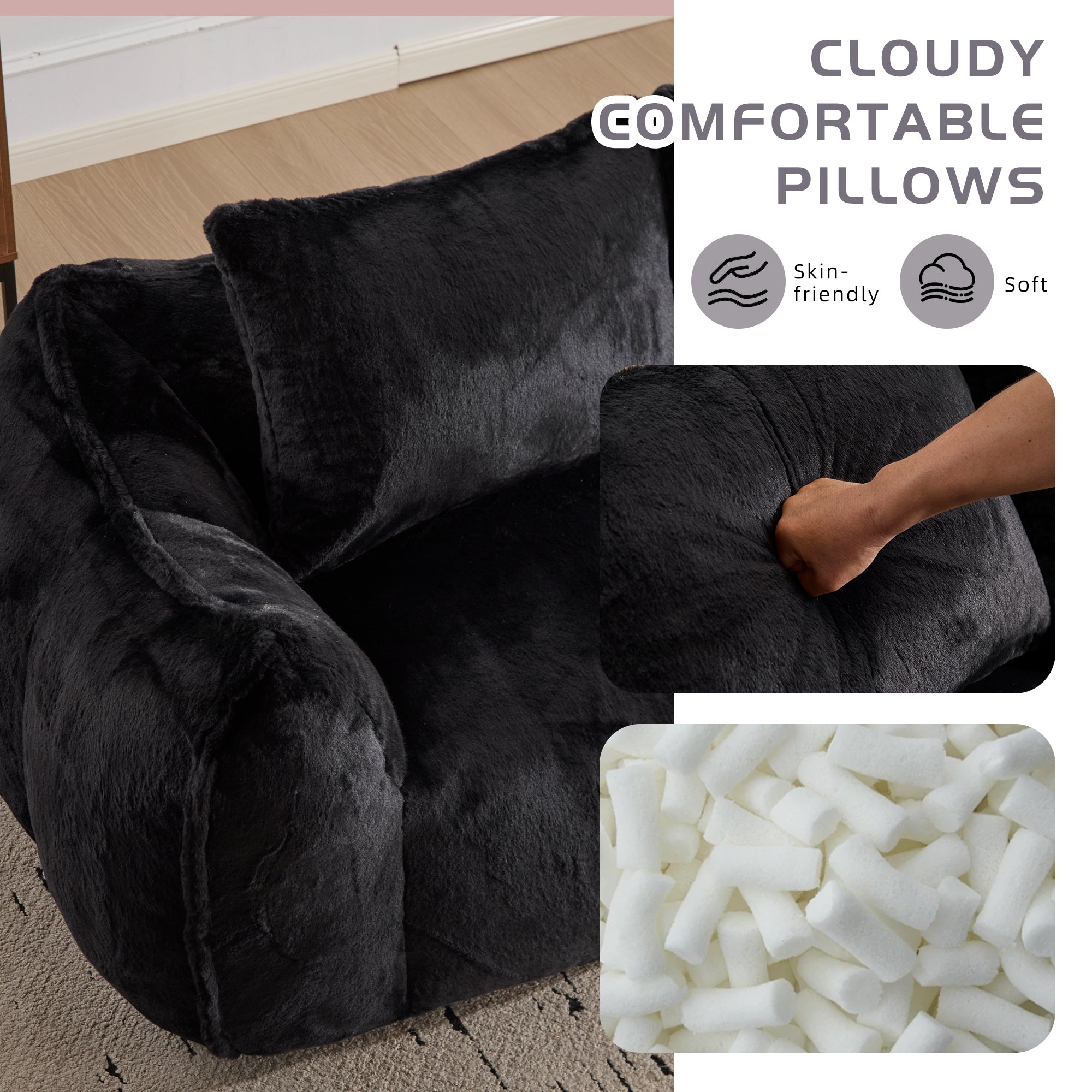 Sofá Gigante de Puf para Adultos, Sofá de Puf Loveseat Ultra Suave y Esponjoso, Silla de Reposo Oversized para Interiores en Sala de Estar o Dormitorio, No Requiere Ensamblaje, Silla de Lectura Acogedora con Almohadas, Negro