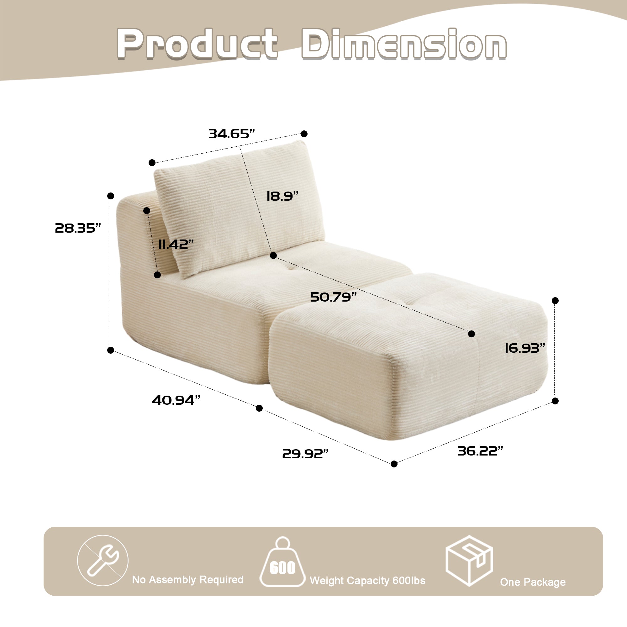 Sofá Moderno de Espuma de Memoria Comprimida, Chaise Longue Individual para Sala de Estar, Sofá Seccional Modular en Forma de Nube Amigable con Mascotas, Tela de Corduroy, Otomana Móvil, Sin Ensamblaje Requerido, Beige