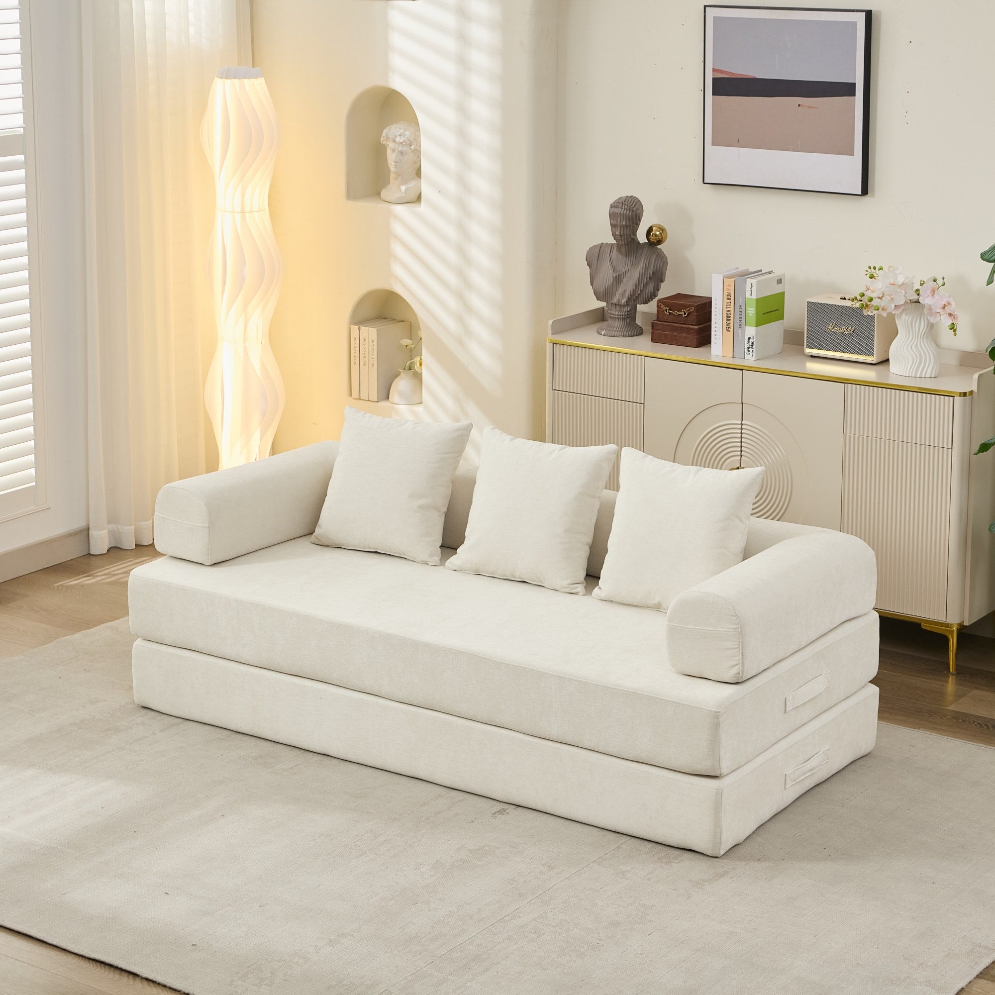 Cómodo Sofá Cama Plegable Convertible, Sofá Cama para el Suelo, Sofá de Suelo de Chenilla con Reposabrazos, Sofá Lounge para el Suelo para Sala de Estar, Dormitorio, Sala de Estar o Estudio-Beige