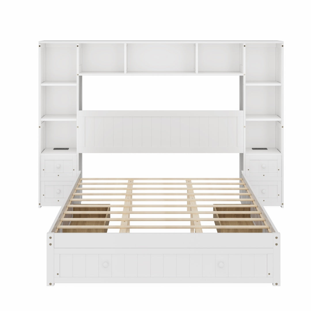 Königliche Größe Kiefernholz-Platform-Bett mit All-in-One 2 Nachttischen, Stauraum-Regal und Schrank-Bücherregal mit 2 Ladeeinrichtungen, Multifunktionales Kapitäns-Bettgestell mit 3 Schubladen, Kein Boxspring-Fundament erforderlich