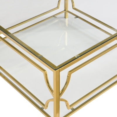 Square Glass Coffee Table In 33.5 ,Luxurious Geometric Metal Frame,Gold Finish  Lower Shelf