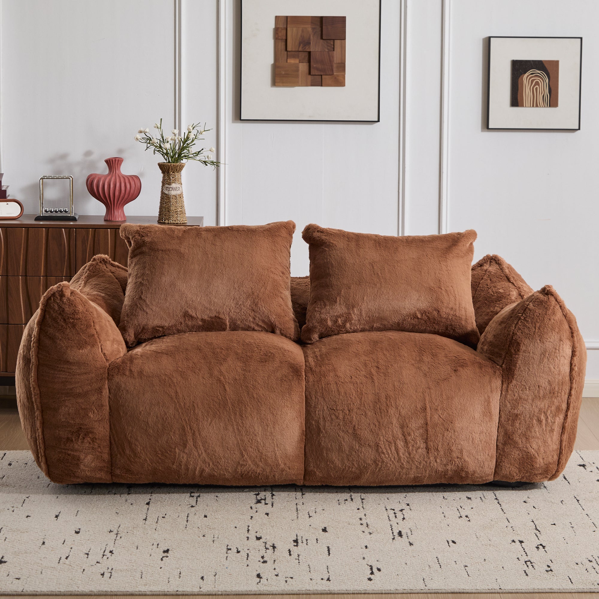 Sofá Gigante de Puf para Adultos, Sofá de Puf Loveseat Ultra Suave y Esponjoso, Silla de Reposetiras Sobredimensionada para Interiores en Sala de Estar o Dormitorio, No Requiere Ensamblaje, Silla de Lectura Acogedora con Almohadas, Marrón