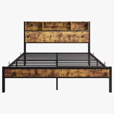 Estructura de Cama de Tamaño Completo con Cabecero de Almacenamiento, Cama Plataforma de Metal con Estación de Carga, Almacenamiento en Forma de Estantería, No Requiere Colchón de Muelles, Ensamblaje Fácil, Sin Ruido, Negro