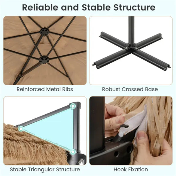 9.5ft Tropical-Style Outdoor Umbrella (Natural+Black) - 2-Tier Vented, Sun Protection, Backyard/Poolside Decor