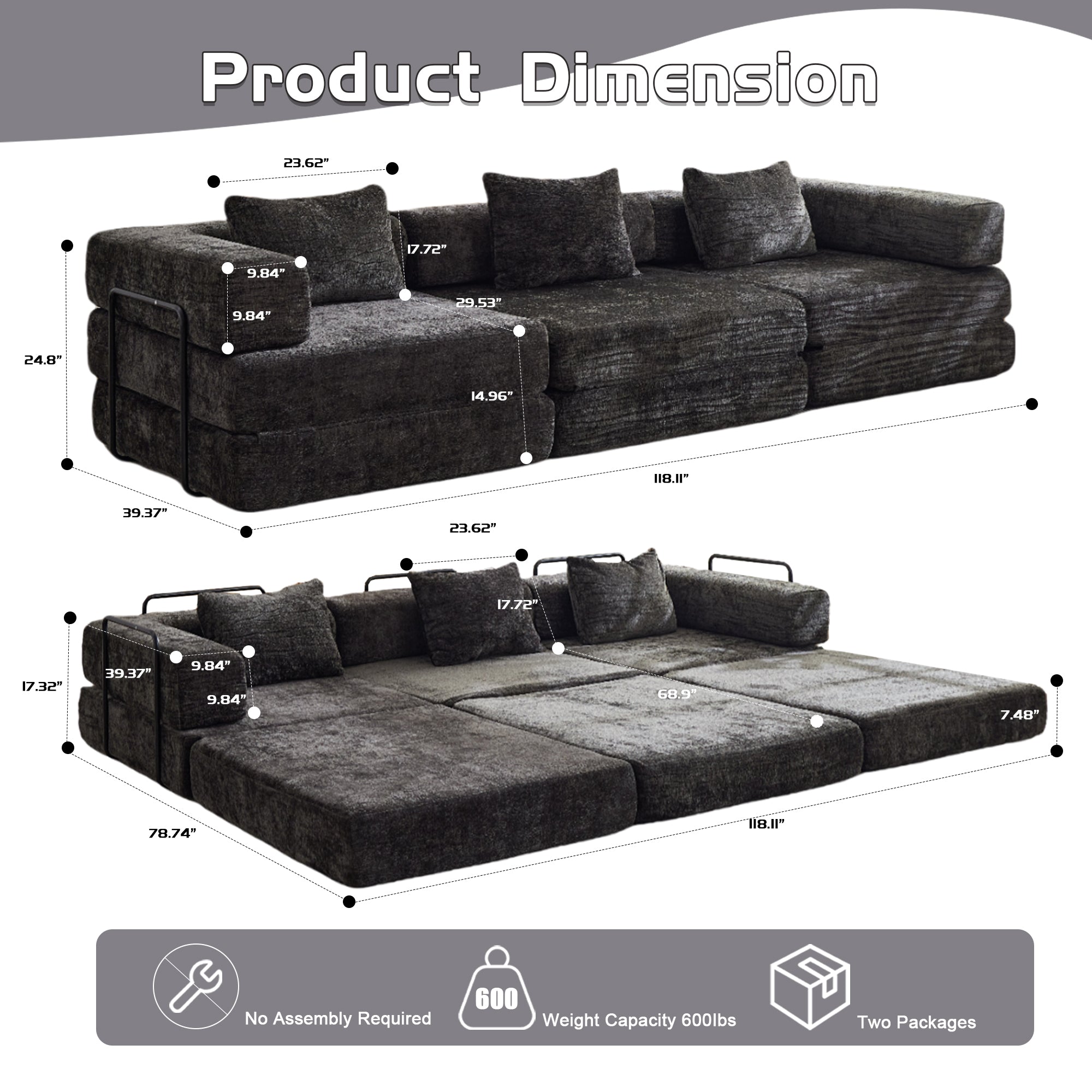 Kompressions-Sofa, Umklappbares Boden-Sofa-Bett mit festem Rahmen, Knochenloses modulares Sektionalsofa, Keine Montage erforderlich, Chenille-Stoff, für Wohnzimmer und Schlafzimmer, Schwarz