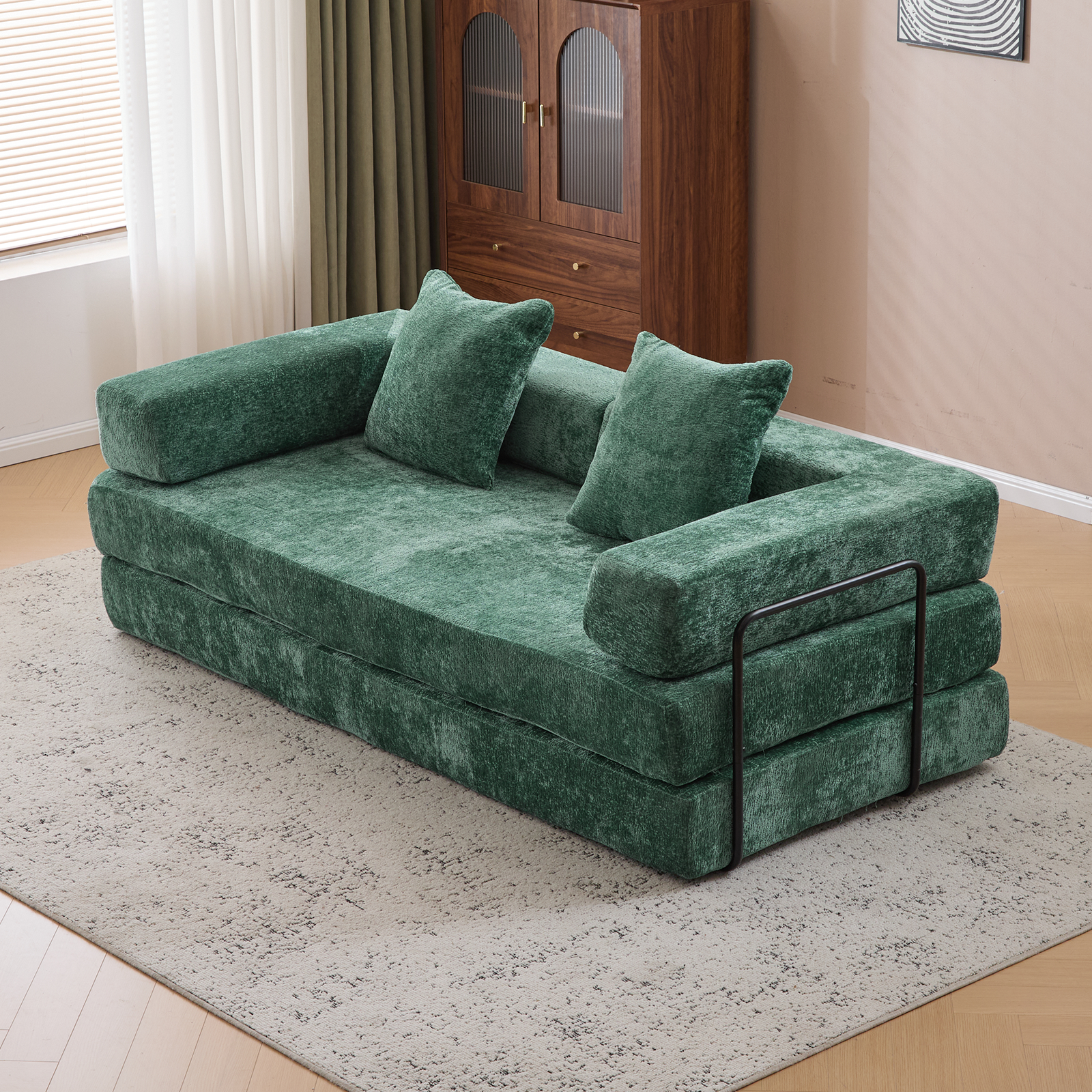 Sofá de Suelo, Sofá con Compresión, Sofá Cama Convertible de Suelo - con Soporte para la Espalda en Forma de Almohada y Reposabrazos, Sofá Futón Cómodo para Descanso y Cama para Dormir, Tela de Chenilla, para Sala de Estar y Dormitorio en Verde Oscuro
