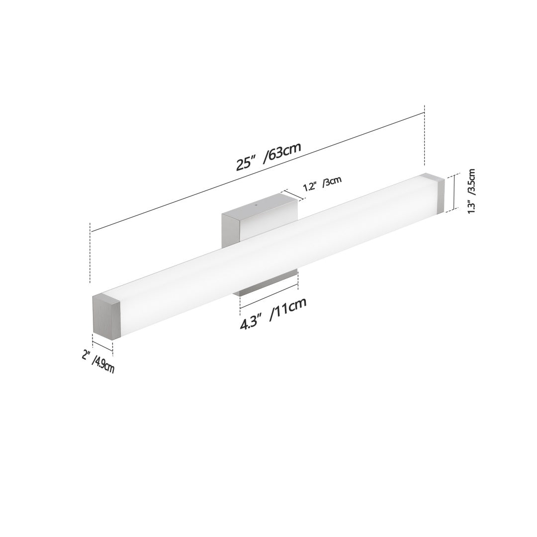 Bathroom Vanity Light Brushed Nickel Square LED 25 Inch 14W 6000K Cool White Light Wall Bar Lighting Fixtures Over Mirror -Brushed Nickel, 25in