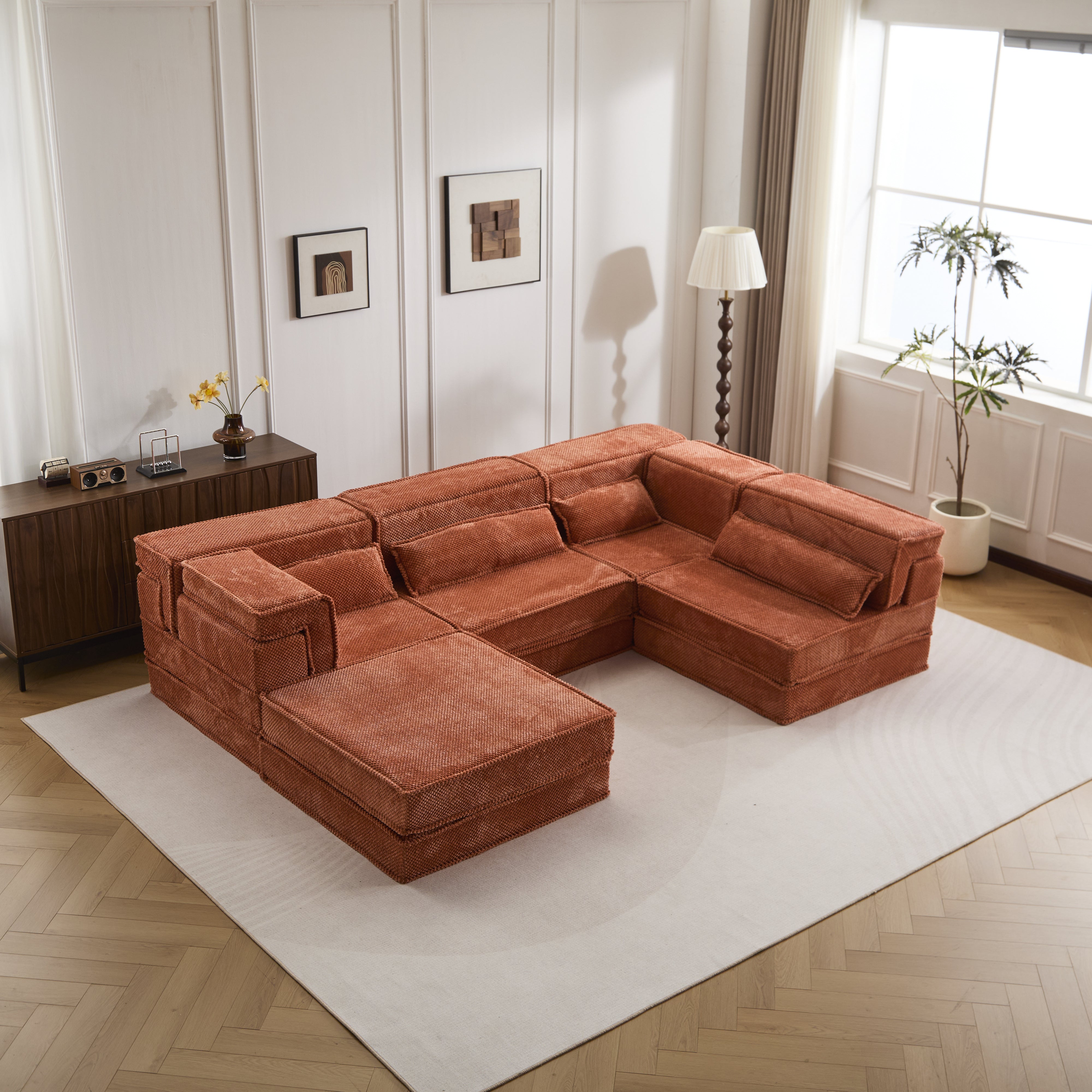 Sofá Mahjong de Compresión, Sofá Cama Convertible para el Suelo, Sofá Seccional Modular sin Huesos DIY, Sin Ensamblaje Requerido, Tejido de Felpa Circular, Para 4 Personas Sobredimensionado con 1 Otomana, Naranja