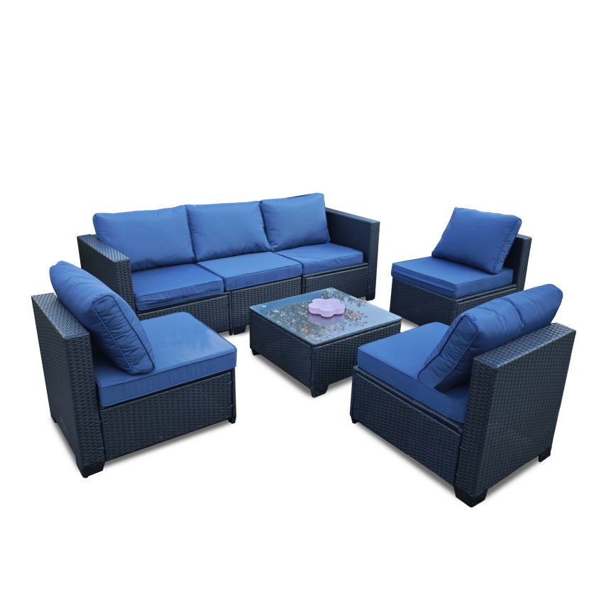 Blue Cushioned Rattan Sofa Set
