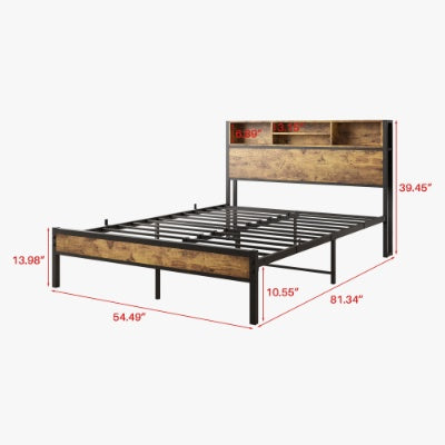 Estructura de Cama de Tamaño Completo con Cabecero de Almacenamiento, Cama Plataforma de Metal con Estación de Carga, Almacenamiento en Forma de Estantería, No Requiere Colchón de Muelles, Ensamblaje Fácil, Sin Ruido, Negro